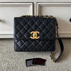 Chanel Black XL Timeless Caviar Square Shoulder Bag with Gold Chain